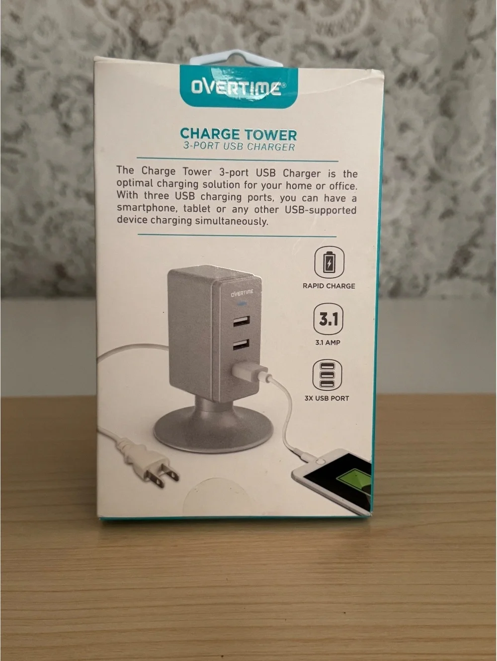 Overtime Charge Tower 3-Port USB Wall Charger 3.1A Silver